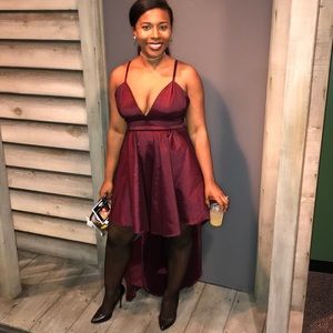 Wine spaghetti strap hi-low formal dress